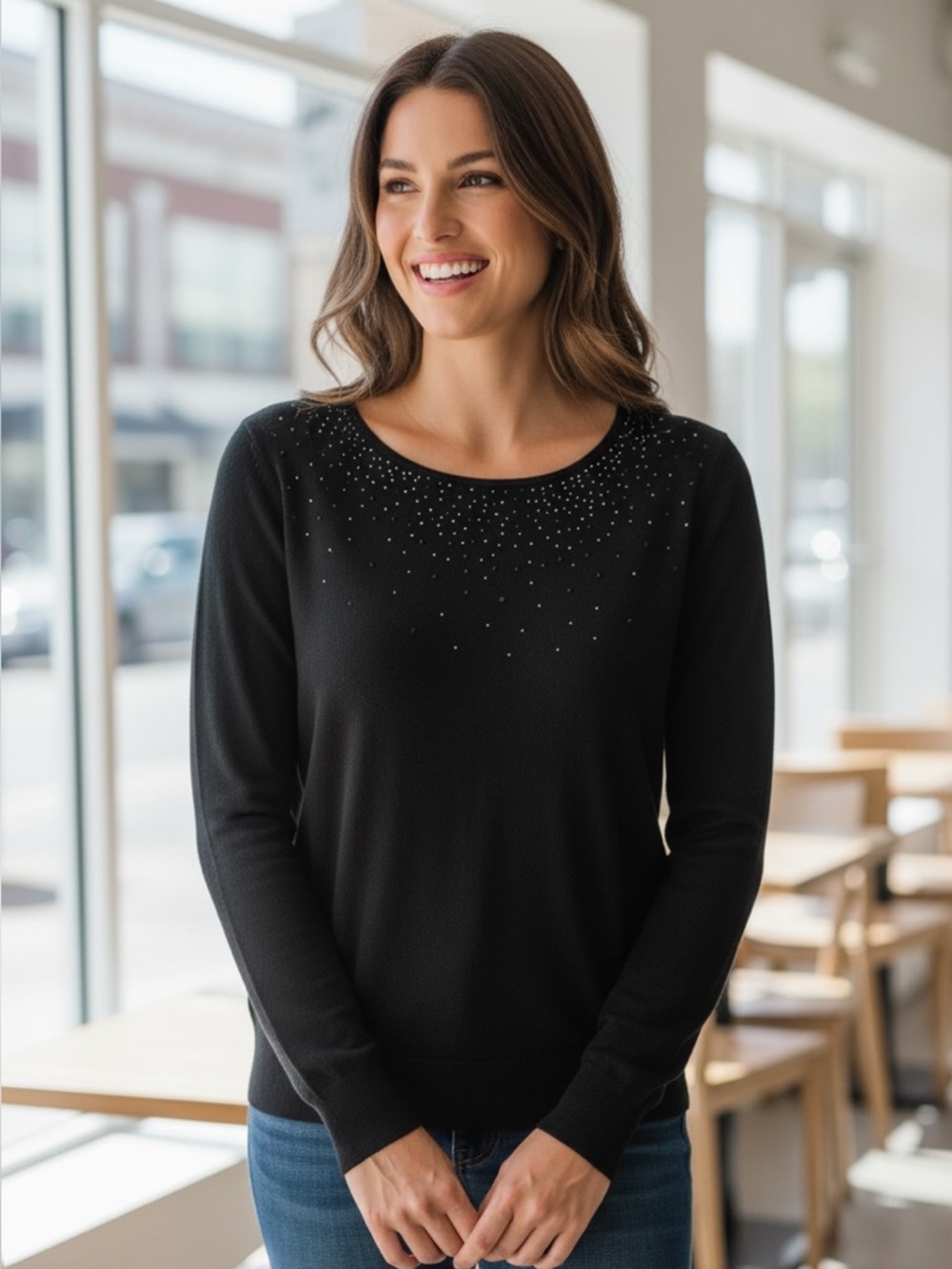 George // Black Embellished Crewneck Sweater // Women